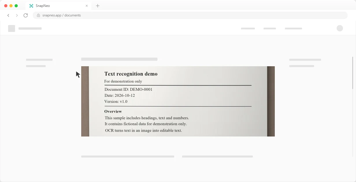 On-device text OCR demo: select a document image in a macOS browser, click text recognition in the capture toolbar to open the image viewer, then select and copy text with Ctrl+C