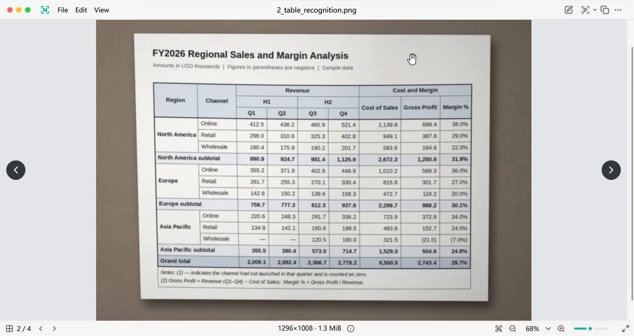 Table recognition recording: select a table and review recognized cells and export options in the viewer