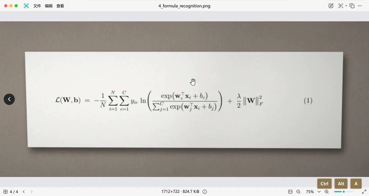 公式识别实录：框选公式，在查看器中查看公式原图和可编辑的 LaTeX 结果
